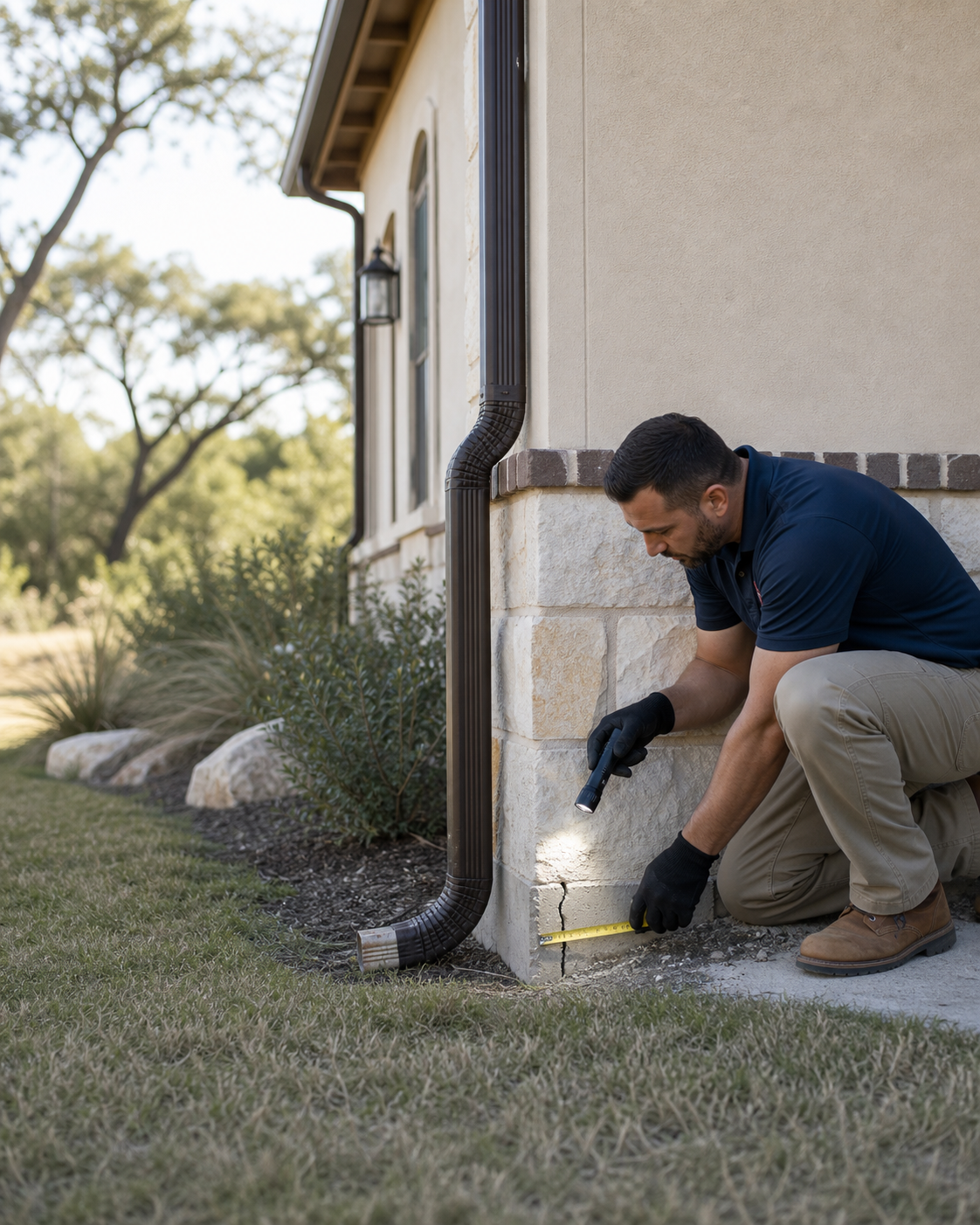 Foundation inspection beside a Central Texas home