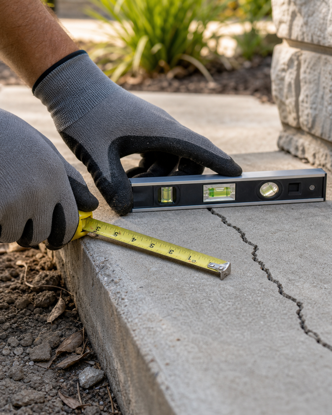 Concrete slab crack being checked with a level